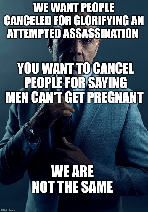 Gus Fring we are not the same | WE WANT PEOPLE CANCELED FOR GLORIFYING AN ATTEMPTED ASSASSINATION; YOU WANT TO CANCEL PEOPLE FOR SAYING MEN CAN'T GET PREGNANT; WE ARE NOT THE SAME | image tagged in gus fring we are not the same | made w/ Imgflip meme maker