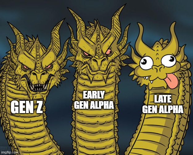 Three-headed Dragon | EARLY GEN ALPHA; LATE GEN ALPHA; GEN Z | image tagged in three-headed dragon | made w/ Imgflip meme maker