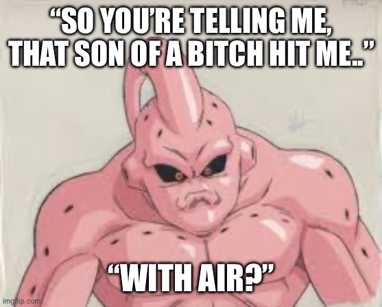 Precisely, my Buu brother. | “SO YOU’RE TELLING ME, THAT SON OF A BITCH HIT ME..”; “WITH AIR?” | image tagged in bitch what,buu,super buu,dbz,vegito,anime | made w/ Imgflip meme maker