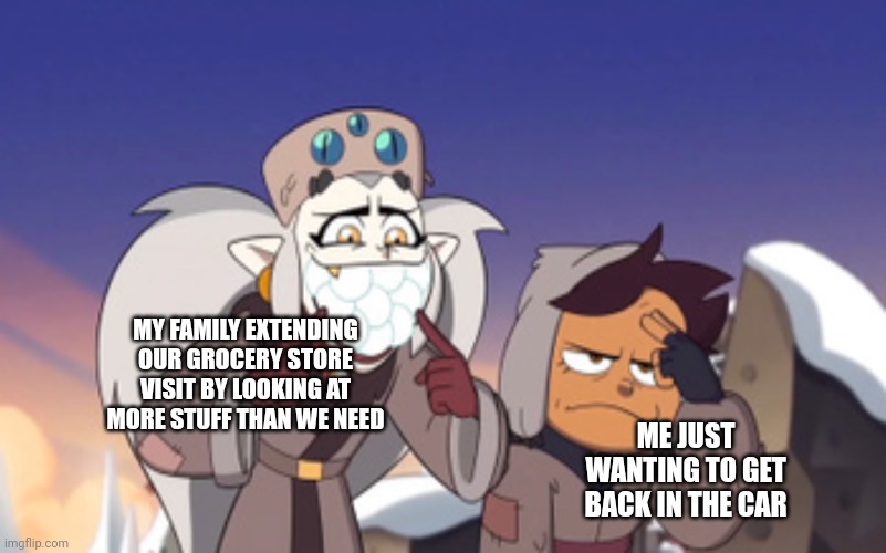 Was Bored so i made this | MY FAMILY EXTENDING OUR GROCERY STORE VISIT BY LOOKING AT MORE STUFF THAN WE NEED; ME JUST WANTING TO GET BACK IN THE CAR | image tagged in eda embarrassing luz the owl house | made w/ Imgflip meme maker