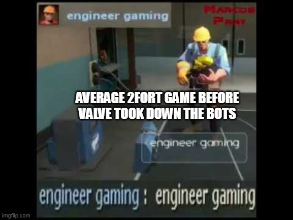 Truly, gaming | AVERAGE 2FORT GAME BEFORE VALVE TOOK DOWN THE BOTS | image tagged in engineer gaming | made w/ Imgflip meme maker