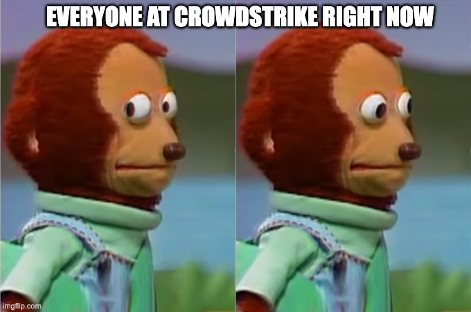 crowdstrike | EVERYONE AT CROWDSTRIKE RIGHT NOW | image tagged in awkward monkey | made w/ Imgflip meme maker