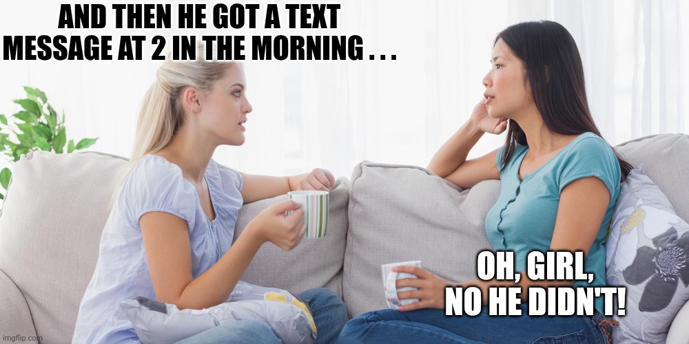Two women talking | AND THEN HE GOT A TEXT MESSAGE AT 2 IN THE MORNING . . . OH, GIRL, NO HE DIDN'T! | image tagged in two women talking | made w/ Imgflip meme maker