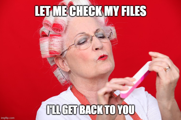 Nail Files | LET ME CHECK MY FILES; I'LL GET BACK TO YOU | image tagged in nail file joke,doing nails,i will get back to you | made w/ Imgflip meme maker