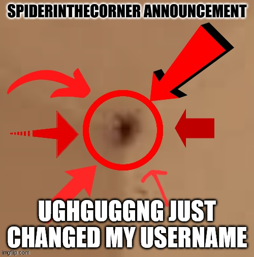 spiderinthecorner announcement | UGHGUGGNG JUST CHANGED MY USERNAME | image tagged in spiderinthecorner announcement | made w/ Imgflip meme maker