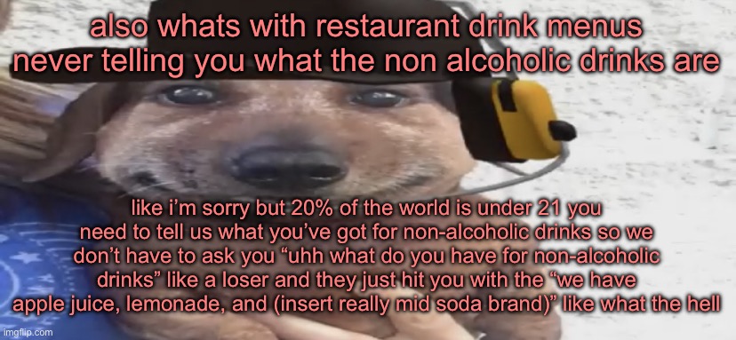 yapping levels today are very high | also whats with restaurant drink menus never telling you what the non alcoholic drinks are; like i’m sorry but 20% of the world is under 21 you need to tell us what you’ve got for non-alcoholic drinks so we don’t have to ask you “uhh what do you have for non-alcoholic drinks” like a loser and they just hit you with the “we have apple juice, lemonade, and (insert really mid soda brand)” like what the hell | image tagged in chucklenuts | made w/ Imgflip meme maker