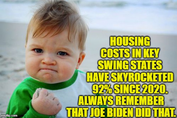 Never forget. | HOUSING COSTS IN KEY SWING STATES HAVE SKYROCKETED 92% SINCE 2020. ALWAYS REMEMBER THAT JOE BIDEN DID THAT. | image tagged in success kid original | made w/ Imgflip meme maker