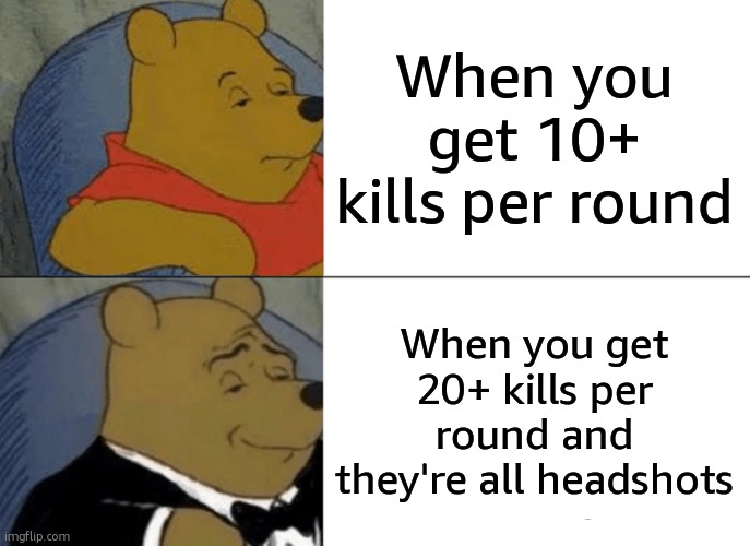 Tuxedo Winnie The Pooh | When you get 10+ kills per round; When you get 20+ kills per round and they're all headshots | image tagged in memes,tuxedo winnie the pooh | made w/ Imgflip meme maker