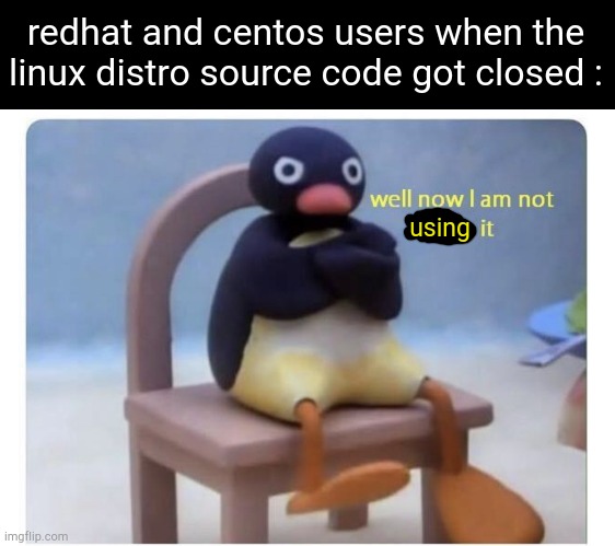 well now I am not doing it | redhat and centos users when the linux distro source code got closed :; using | image tagged in well now i am not doing it,linux,slander | made w/ Imgflip meme maker