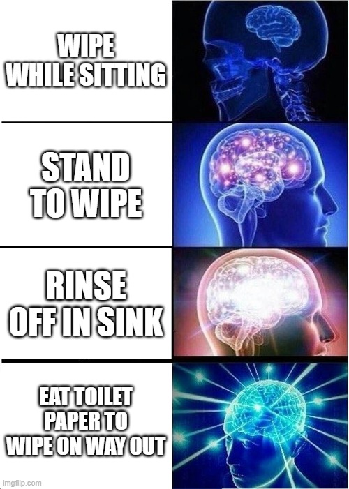 Expanding Brain | WIPE WHILE SITTING; STAND TO WIPE; RINSE OFF IN SINK; EAT TOILET PAPER TO WIPE ON WAY OUT | image tagged in memes,expanding brain | made w/ Imgflip meme maker