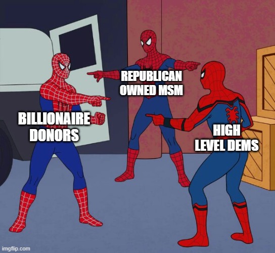 Spider Man Triple | REPUBLICAN OWNED MSM; BILLIONAIRE DONORS; HIGH LEVEL DEMS | image tagged in spider man triple | made w/ Imgflip meme maker