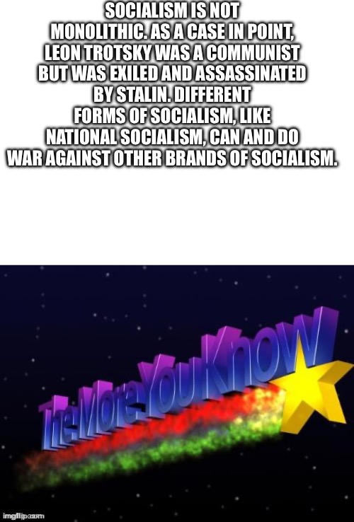 SOCIALISM IS NOT MONOLITHIC. AS A CASE IN POINT, LEON TROTSKY WAS A COMMUNIST BUT WAS EXILED AND ASSASSINATED BY STALIN. DIFFERENT FORMS OF  | image tagged in blank white template,the more you know | made w/ Imgflip meme maker