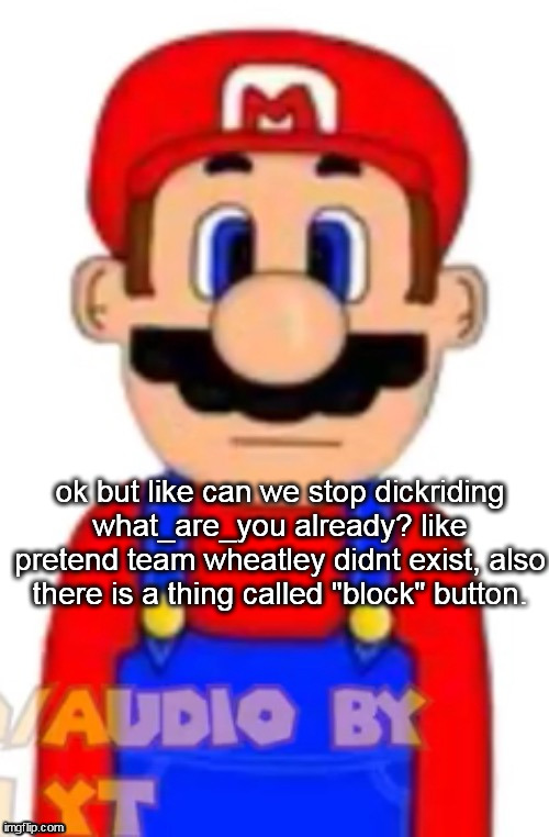Mario | ok but like can we stop dickriding what_are_you already? like pretend team wheatley didnt exist, also there is a thing called "block" button. | image tagged in mario | made w/ Imgflip meme maker