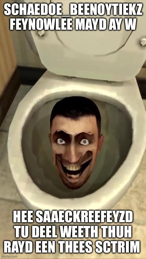 (Shadow_BenoitX: Even though you're a skibidipshit, I'll still approve your image) | SCHAEDOE_BEENOYTIEKZ FEYNOWLEE MAYD AY W; HEE SAAECKREEFEYZD TU DEEL WEETH THUH RAYD EEN THEES SCTRIM | image tagged in skibidi toilet | made w/ Imgflip meme maker