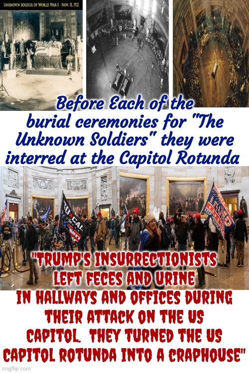 The US Capitol Rotunda Had A Solemn History Until Trump & Maga's Attack.  And Agreeing To A Dictatorship Is Not Patriotic Either | Before Each of the burial ceremonies for "The Unknown Soldiers" they were interred at the Capitol Rotunda; "Trump's Insurrectionists left feces and urine in hallways and offices during their attack on the US Capitol.  They turned the US Capitol rotunda into a craphouse" | image tagged in maga,disrespect,agreeing to a dictatorship is not patriotic,trump unfit unqualified dangerous,lock him up,memes | made w/ Imgflip meme maker