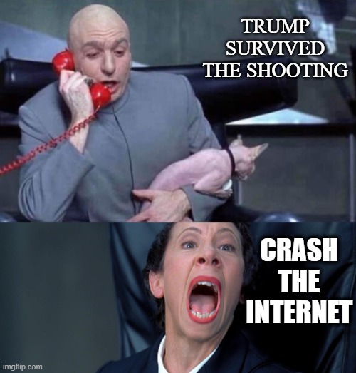 not surprised | TRUMP SURVIVED THE SHOOTING; CRASH THE INTERNET | image tagged in dr evil and frau | made w/ Imgflip meme maker