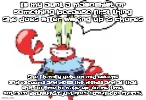 ok | Is my aunt a masochist or something because first thing she does after waking up is chores; She literally gets up and sweeps and vacuums and does the dishes and all that shit, no time to wake up, no me time, not even BREAKFAST, just goes straight to chores. | image tagged in ok | made w/ Imgflip meme maker