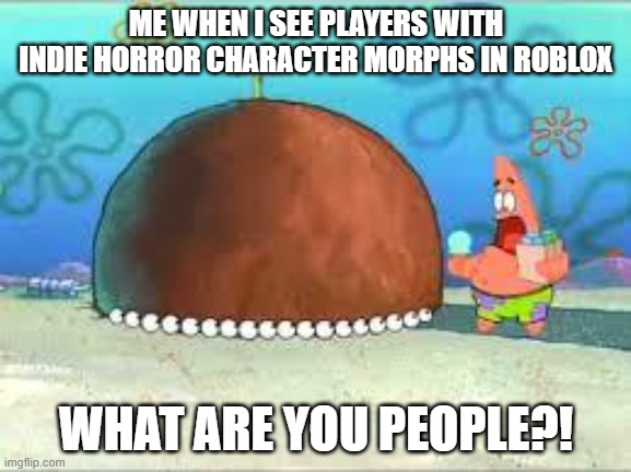 the people is acting weird on roblox | ME WHEN I SEE PLAYERS WITH INDIE HORROR CHARACTER MORPHS IN ROBLOX; WHAT ARE YOU PEOPLE?! | image tagged in who are you people,roblox,roblox meme | made w/ Imgflip meme maker