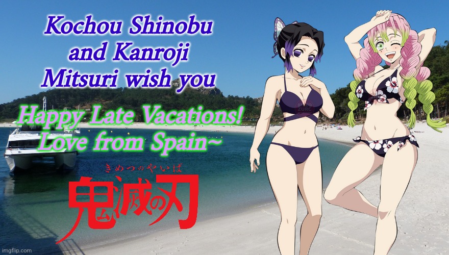 Shinobu and Mitsuri wish you happy late summer holidays <3 | Kochou Shinobu and Kanroji Mitsuri wish you; Happy Late Vacations!
Love from Spain~ | image tagged in shinobu,mitsuri,demon slayer,summer,wholesome,anime | made w/ Imgflip meme maker