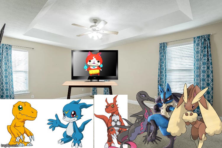 Agumon and Friends watching Yo-Kai watch in their house | image tagged in 140 clear creek rd bedroom,pokemon,digimon,yokai watch,crossover,anime | made w/ Imgflip meme maker