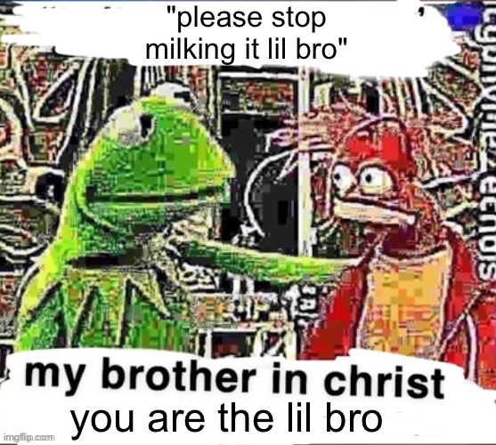My brother in Christ | "please stop
milking it lil bro" you are the lil bro | image tagged in my brother in christ | made w/ Imgflip meme maker
