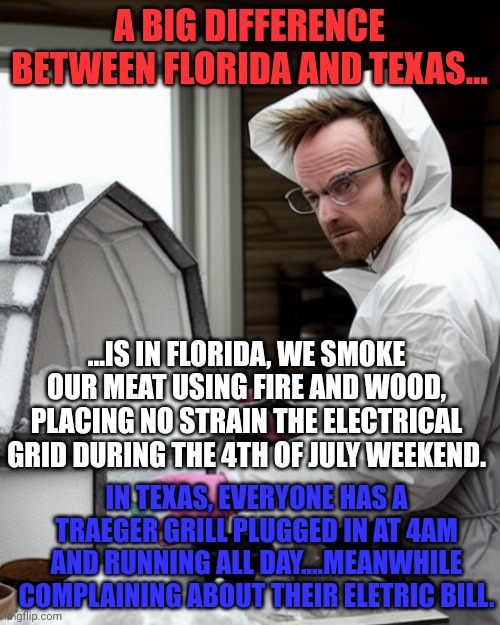 We are not the same..... | A BIG DIFFERENCE BETWEEN FLORIDA AND TEXAS... ...IS IN FLORIDA, WE SMOKE OUR MEAT USING FIRE AND WOOD, PLACING NO STRAIN THE ELECTRICAL GRID DURING THE 4TH OF JULY WEEKEND. IN TEXAS, EVERYONE HAS A TRAEGER GRILL PLUGGED IN AT 4AM AND RUNNING ALL DAY....MEANWHILE COMPLAINING ABOUT THEIR ELETRIC BILL. | image tagged in snowcones | made w/ Imgflip meme maker