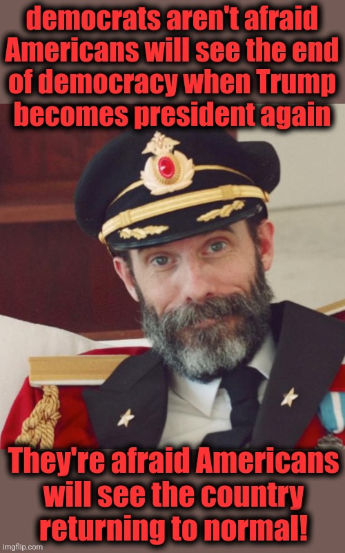 Captain Obvious | democrats aren't afraid
Americans will see the end
of democracy when Trump
becomes president again; They're afraid Americans
will see the country
returning to normal! | image tagged in captain obvious,memes,donald trump,democracy,democrats,joe biden | made w/ Imgflip meme maker