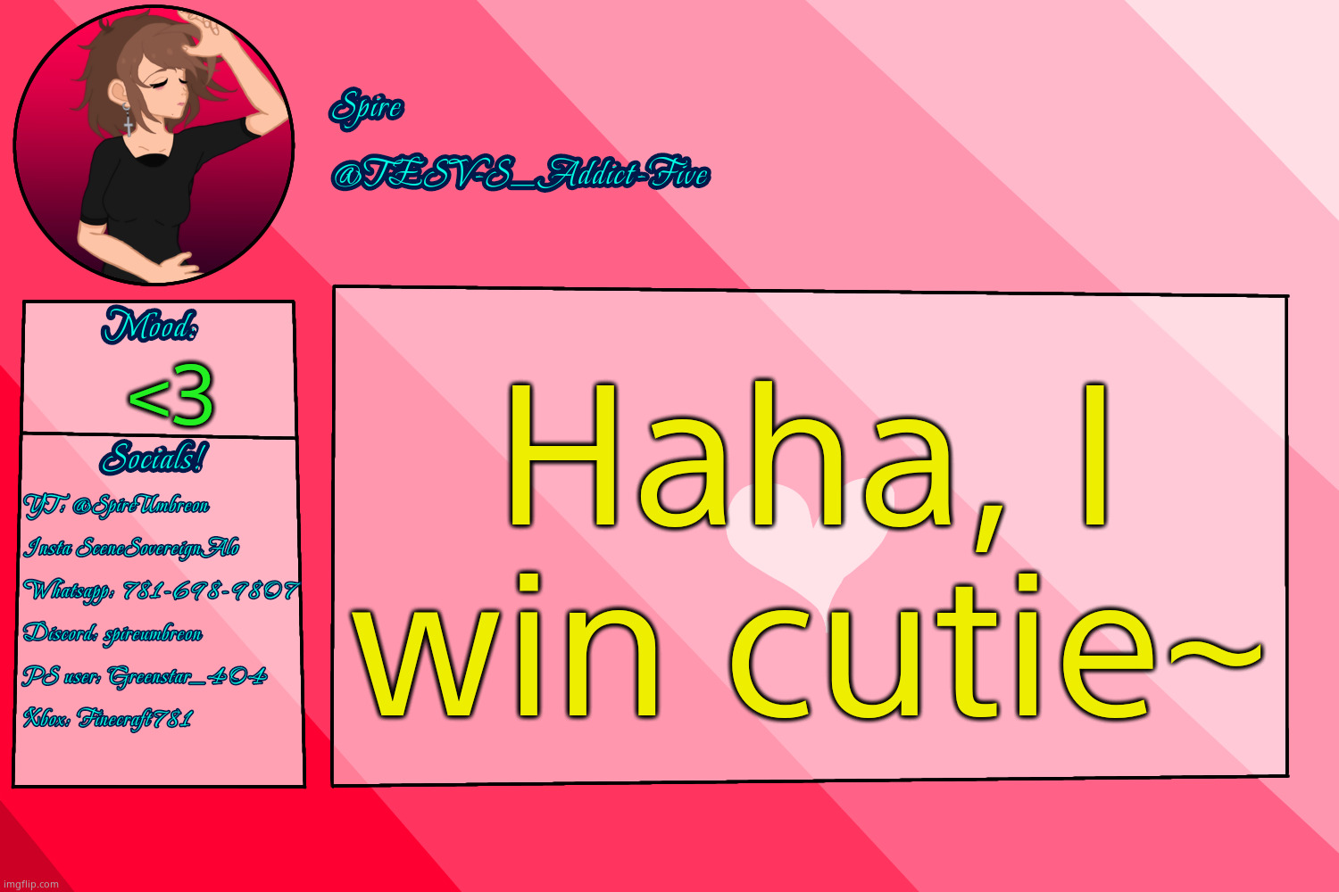 /dir | Haha, I win cutie~; <3 | image tagged in tesv-s_addict-five announcement template | made w/ Imgflip meme maker