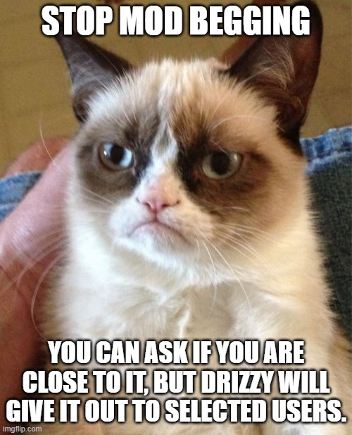 Grumpy Cat | STOP MOD BEGGING; YOU CAN ASK IF YOU ARE CLOSE TO IT, BUT DRIZZY WILL GIVE IT OUT TO SELECTED USERS. | image tagged in memes,grumpy cat | made w/ Imgflip meme maker