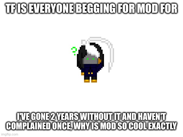 I'm stupid somebody help | TF IS EVERYONE BEGGING FOR MOD FOR; I'VE GONE 2 YEARS WITHOUT IT AND HAVEN'T COMPLAINED ONCE, WHY IS MOD SO COOL EXACTLY | image tagged in e | made w/ Imgflip meme maker