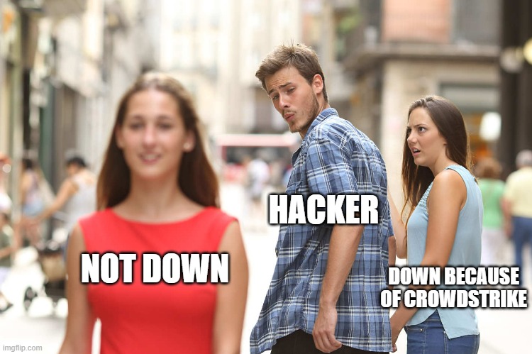 Hackers today with the CrowdStrike outages | HACKER; DOWN BECAUSE OF CROWDSTRIKE; NOT DOWN | image tagged in disloyal boyfriend | made w/ Imgflip meme maker