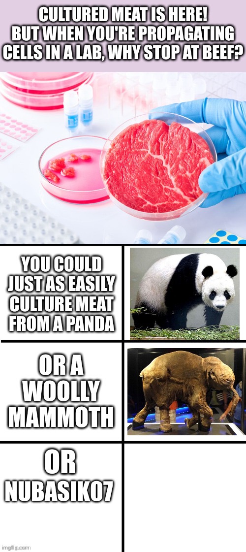 cultured meat | NUBASIK07 | image tagged in cultured meat | made w/ Imgflip meme maker