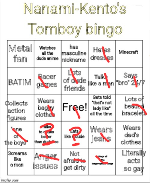 Nanami-Kento's Tomboy Bingo | image tagged in nanami-kento's tomboy bingo | made w/ Imgflip meme maker