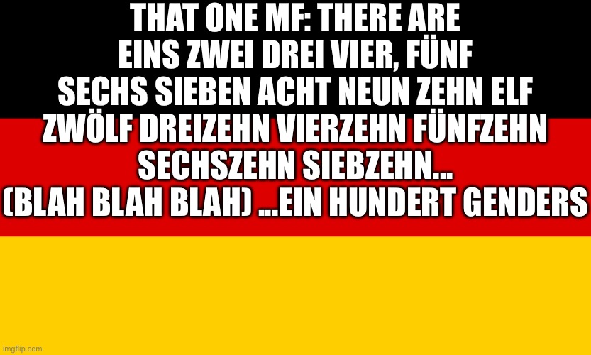 German numbers + LGBTQ | THAT ONE MF: THERE ARE EINS ZWEI DREI VIER, FÜNF SECHS SIEBEN ACHT NEUN ZEHN ELF ZWÖLF DREIZEHN VIERZEHN FÜNFZEHN SECHSZEHN SIEBZEHN... (BLAH BLAH BLAH) ...EIN HUNDERT GENDERS | image tagged in germany | made w/ Imgflip meme maker