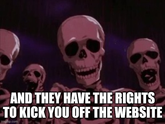 Berserk Roast Skeletons | AND THEY HAVE THE RIGHTS TO KICK YOU OFF THE WEBSITE | image tagged in berserk roast skeletons | made w/ Imgflip meme maker