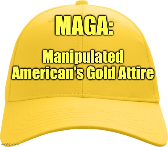 MAGA: Manipulated American’s Gold Attire | MAGA:; Manipulated American’s Gold Attire | image tagged in yellow cap,maga,election,gold cap,american politics | made w/ Imgflip meme maker