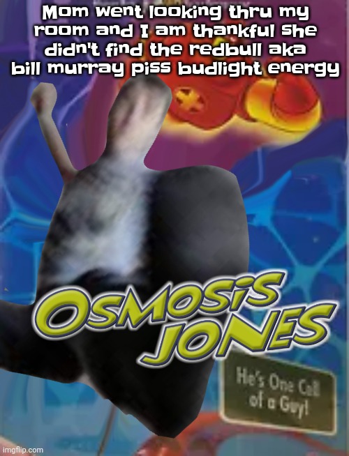 Bro | Mom went looking thru my room and I am thankful she didn't find the redbull aka bill murray piss budlight energy | image tagged in osmosis jones | made w/ Imgflip meme maker