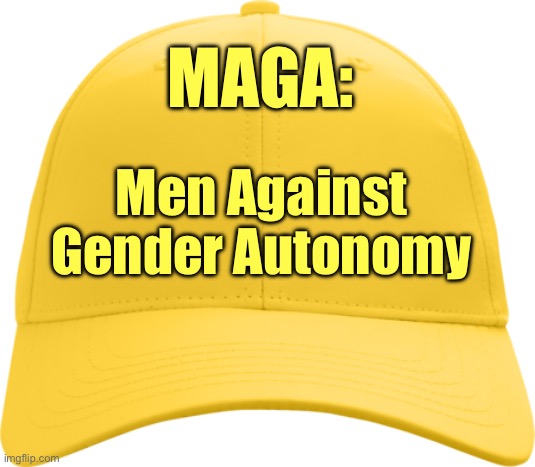 MAGA: Men Against Gender Autonomy | MAGA:; Men Against 
Gender Autonomy | image tagged in yellow cap,gold cap,cult,trump,american politics,election | made w/ Imgflip meme maker