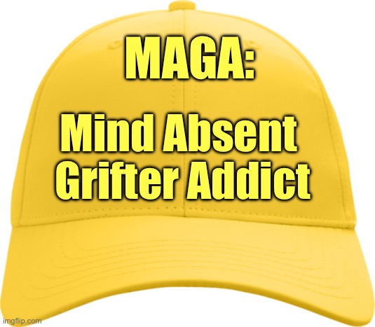 MAGA: Mind Absent Grifter Addict | MAGA:; Mind Absent 
Grifter Addict | image tagged in yellow cap,gold cap,cult,american politics,trump,election | made w/ Imgflip meme maker