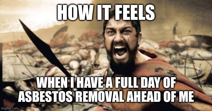 Asbestos Removal Memes | HOW IT FEELS; WHEN I HAVE A FULL DAY OF ASBESTOS REMOVAL AHEAD OF ME | image tagged in memes,sparta leonidas | made w/ Imgflip meme maker
