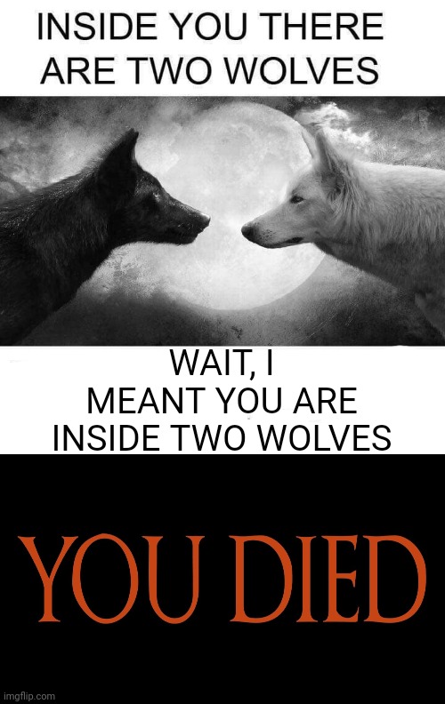 WAIT, I MEANT YOU ARE INSIDE TWO WOLVES | image tagged in inside you there are two wolves,dark souls you died,plot twist | made w/ Imgflip meme maker