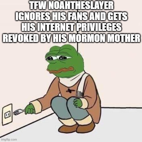 rip NoahTheSlayer | TFW NOAHTHESLAYER IGNORES HIS FANS AND GETS HIS INTERNET PRIVILEGES REVOKED BY HIS MORMON MOTHER | image tagged in sad pepe suicide,noahtheslayer,noah the slayer,thiccimoto,lolcow,feels bad man | made w/ Imgflip meme maker