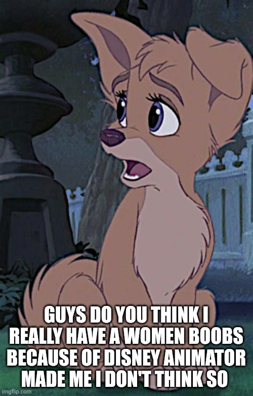 Do You Think | GUYS DO YOU THINK I REALLY HAVE A WOMEN BOOBS BECAUSE OF DISNEY ANIMATOR MADE ME I DON'T THINK SO | image tagged in lady and the tramp 2 angel,memes | made w/ Imgflip meme maker