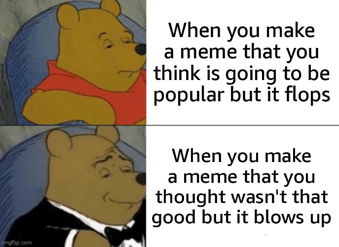 Memes | When you make a meme that you think is going to be popular but it flops; When you make a meme that you thought wasn't that good but it blows up | image tagged in memes,tuxedo winnie the pooh | made w/ Imgflip meme maker
