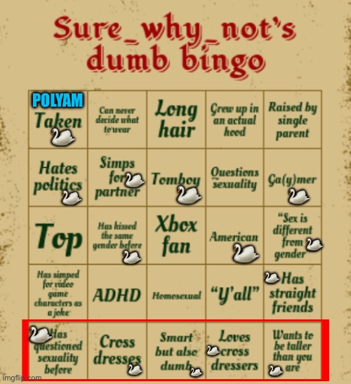 SWN’s dumb bingo | POLYAM; 🦢; 🦢; 🦢; 🦢; 🦢; 🦢; 🦢; 🦢; 🦢; 🦢; 🦢; 🦢; 🦢; 🦢 | image tagged in swn better bingo,bingo,lgbtq,imgflip mods,crossdresser,crossdressing | made w/ Imgflip meme maker