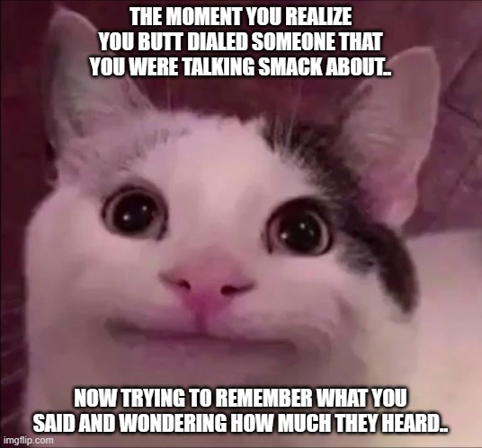 Awkward Smile Cat | THE MOMENT YOU REALIZE YOU BUTT DIALED SOMEONE THAT YOU WERE TALKING SMACK ABOUT.. NOW TRYING TO REMEMBER WHAT YOU SAID AND WONDERING HOW MUCH THEY HEARD.. | image tagged in awkward smile cat | made w/ Imgflip meme maker