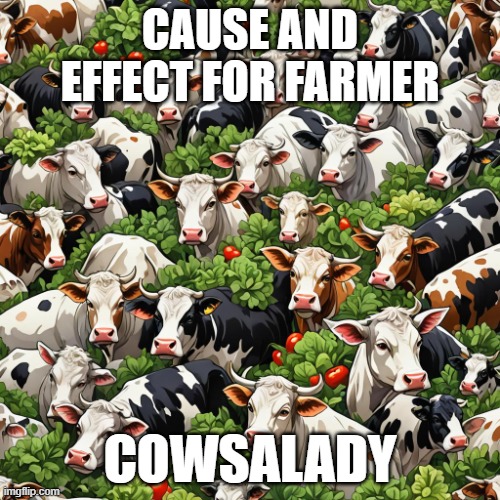 Cowsalady | CAUSE AND EFFECT FOR FARMER; COWSALADY | image tagged in farmer,causality,cows,salad | made w/ Imgflip meme maker