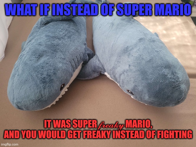 My brother's and my blahaj | WHAT IF INSTEAD OF SUPER MARIO; IT WAS SUPER 𝓯𝓻𝓮𝓪𝓴𝔂 MARIO, AND YOU WOULD GET FREAKY INSTEAD OF FIGHTING | image tagged in my brother's and my blahaj | made w/ Imgflip meme maker
