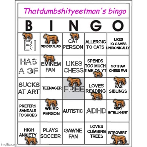 Thatdumbshityeetman's Bingo (no bingo) | 🐅; 🐅; 🐅; 🐅; 🐅; 🐅; 🐅; 🐅; 🐅; 🐅; 🐅; 🐅 | image tagged in thatdumbshityeetman's bingo,bingo,lgbtq,bisexual,genderfluid,cats | made w/ Imgflip meme maker