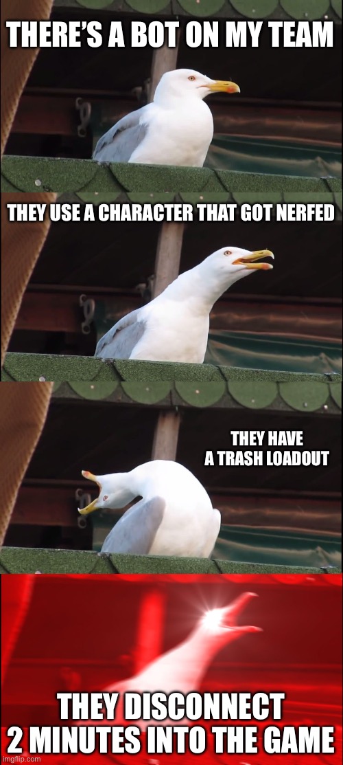 Bad teammates | THERE’S A BOT ON MY TEAM; THEY USE A CHARACTER THAT GOT NERFED; THEY HAVE A TRASH LOADOUT; THEY DISCONNECT 2 MINUTES INTO THE GAME | image tagged in memes,inhaling seagull,video games,pokemon,gaming | made w/ Imgflip meme maker